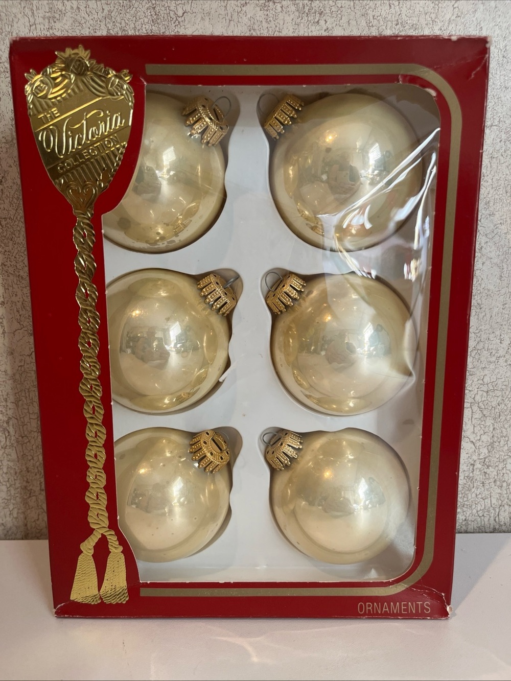 The Victorian Collection pearl Translucent Glass Ball Ornaments Christmas 6 Pce